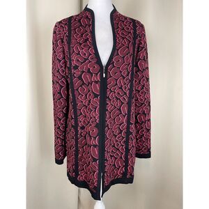 Exclusively Misook Red Pink Black Animal Print Knit Zip Jacket Size XL
